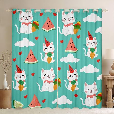 Rideau de fenêtre motif chat blanc - Décoration d'intérieur - Pastèque rouge - Rideaux de fenêtre d'été pour filles et garçons - Kawaii - Nuage animal - Impression cœur - Rideaux pour le - 260x140cm ( (1/5)