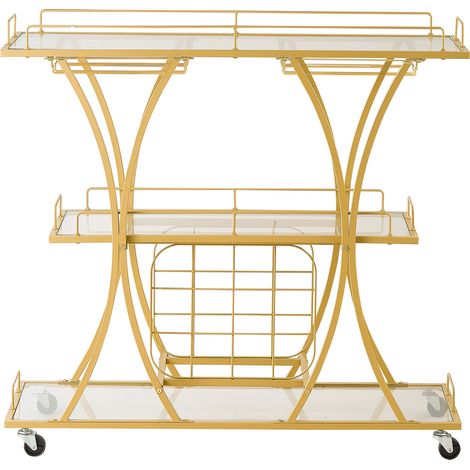 VEVOR Desserte Bar, Chariot de Service 3 Niveaux, pour Rangement Vins Ustensiles Cuisine, Bar Roulant avec Plateau en Verre Trempe, Range-bouteilles et Porte-verres a Pied, Chariot a Boissons Dore (1/5)