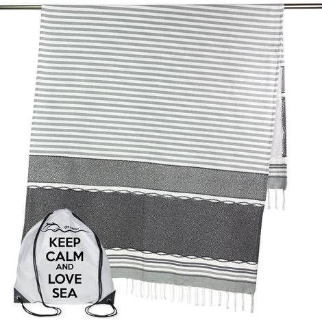 TELO MARE fouta BOY GRIGIO misura GRANDE con zaino Spiaggia KEEP CALM CM.100X200