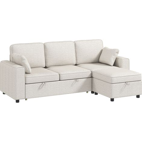 Canapé d'angle convertible en chenille, canapé-lit 3 places modulaire 225 cm avec pouf de rangement, beige (1/4)