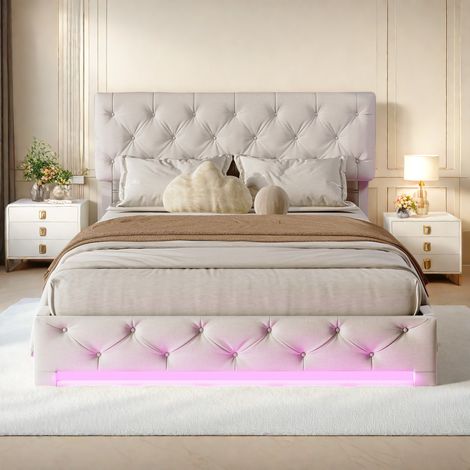 Polsterbett 160 x 200 cm, Doppelbett mit LED, Hydraulisches Stauraumbett, Höhenverstellbares Kopfteil, Bett im europäischen Stil, Leinen, Beige (1/5)