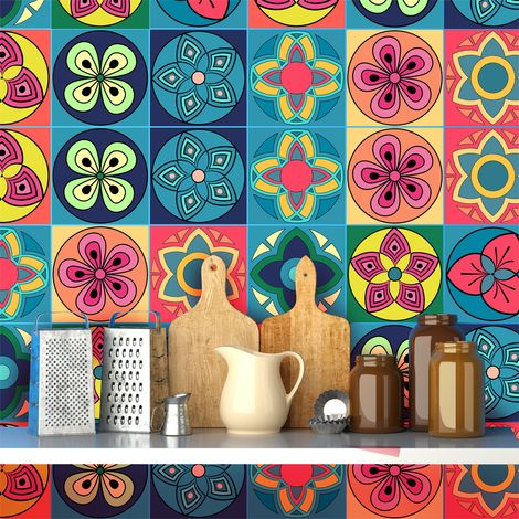 Sticker Mural Carrelage adhésif Cuisine Salle de Bain - 9 STICKERS CARRELAGES AZULEJOS ORNEMENTS MOSAÏQUES VINTAGES - 9stickers10x10cm (1/4)