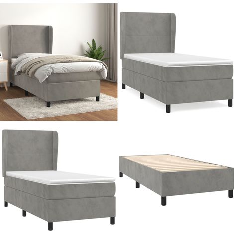 Cama box spring con colchón terciopelo gris claro 80x200 cm - Colchón de muelles ensacados - Terciopelo