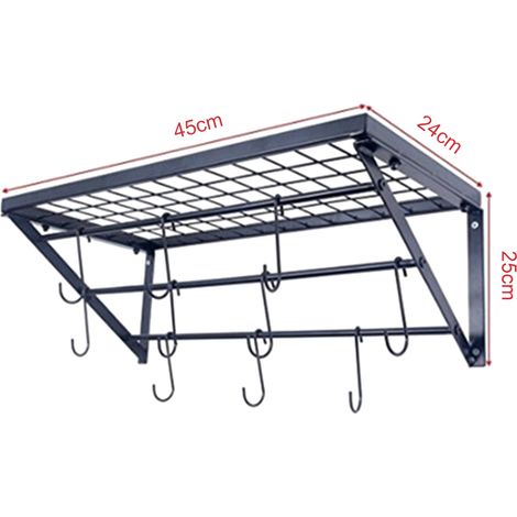 Wandmontierter Topfhalter aus Eisen – Küchenkorb-Organizer mit 10 Haken, Schwarz (45x24x25cm)