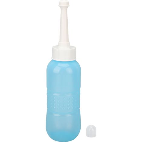 Bouteille de bidet vide portable pour soins post-partum 450 ml, bleue, avec sac de rangement et embout droit, idéale pour le camping et les voyages. (1/5)