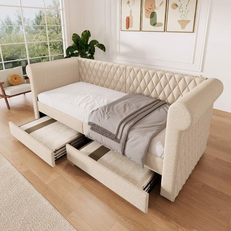 Lit banquette 90x200 cm, tête de lit vintage, 2 tiroirs de rangement, sommier à lattes, tissu lin beige, lit enfant ou adolescent (1/5)
