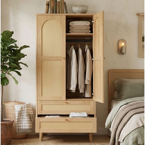 Armoire penderie 80x50x180 cm en MDF, coloris naturel, 2 tiroirs, gain de place – MEUBLIV (1/5)