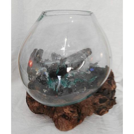 1 Vase Verre Soufflé Sur Racine Bois, Hauteur 12cm, Pièce Unique, Décoration Intérieur
