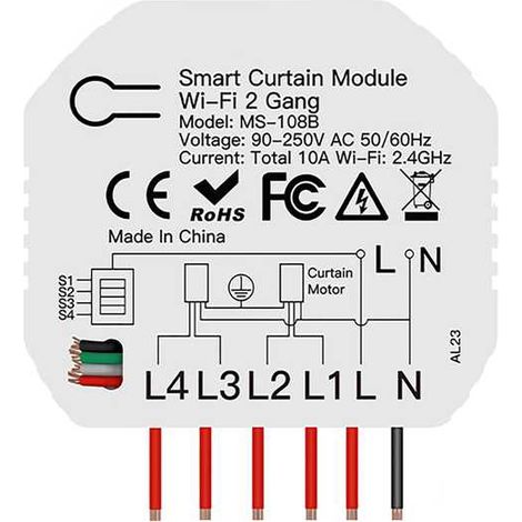 Modulo Tapparelle WIFI 2.4G + BLE, 2 Canali, Bluetooth BLE Mesh, TUYA, Smart Life, 2A, AC 90-250V, 50/60HZ, 500W, 52X47X18mm, IP20