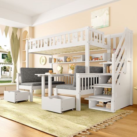 lit mezzanine 90x200 cm étoiles lune bureau échelle rangement blanc lit enfant ludique sans matelas (1/5)
