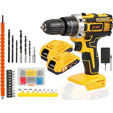 Perceuse visseuse sans fil 21V, visseuse devisseuse avec 2 batteries 1,5Ah, 45 Nm, 25+3 réglages de couple, 2 vitesses, mandrin autoserrant 10 mm, LED, pour bricolage et réparation (1/5)