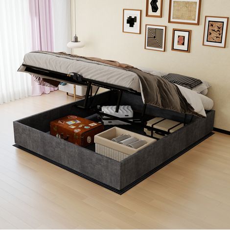Estructura de cama 160 x 200 cm sin cabecero, terciopelo gris, resortes de gas y colchón (1/5)