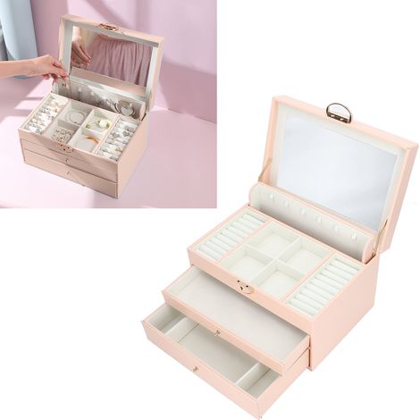 Boîte à bijoux portable de grande capacité avec miroir pour boucles d'oreilles et bagues. (1/5)