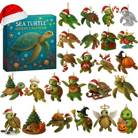 Calendrier de l'Avent tortue de mer, 24 adorables décorations de tortue de mer, compte à rebours de Noël inspiré de l'océan, décoration d'arbre de Noël, cadeaux de vacances pour les amateurs de (1/5)
