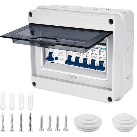 Boîte à fusibles en saillie IP65 avec disjoncteur, disjoncteur 63 A 4 voies 2 x 6 A+10 A+20 A+32 A, sous-distribution en saillie, disjoncteur AC, petit répartiteur, boîte de distribution pour (1/5)