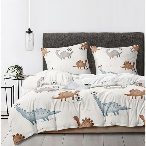 Parure de lit douce pour enfant avec housse de couette 135 x 200 cm et 1 taie d'oreiller 80 x 80 cm Motif dinosaure mignon Beige (1/5)