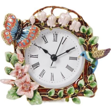 Dekorative Tischuhr mit Blumenmotiv (Schmetterling und Vogel), exquisiter Blumenrahmen, verziert mit kristallbesetzten Blüten (1/5)