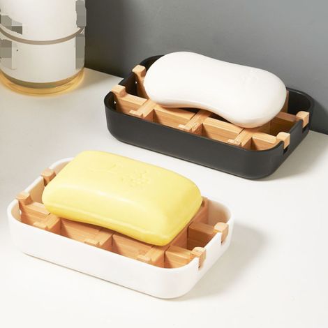 Portasapone, set da 2 pezzi, portasapone in legno, bambù naturale e legno, vassoio raccogligocce in fibra di bambù, per docce, bagni e cucine (1/4)