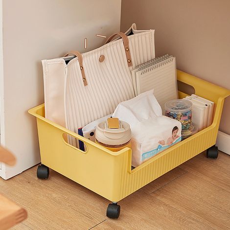 Boîte de rangement pour livres à roulettes, boîte de rangement pour sac à dos sous le bureau, panier de rangement de bureau, boîte à livres pour salle de classe (jaune) (1/5)