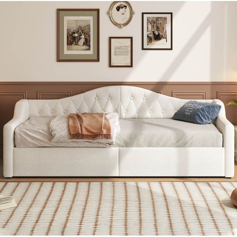 Bettsofa 90x200 cm beige gepolstert aus MDF und Sperrholz mit Kopfteil, seitlichen LED-Leuchten und Stauraum darunter (1/5)