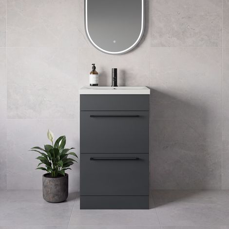Napoli 390 Gloss Grey 500mm 2 Drawer Vanity Unit with Glide Basin - 500mm - Matt Black 320mm Handle