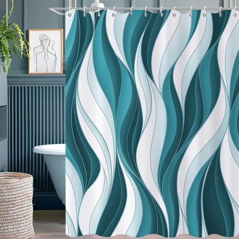 Rideau de Douche, 180x180cm, Moderne Abstrait Bleu Sarcelle Blanc Ombre Rayé Art Minimaliste Imperméable Rideau de Salle de Bain Lavable en Machine avec Crochets (1/5)