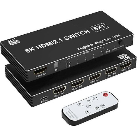 Commutateur/répartiteur HDMI 5 entrées/1 sortie compatible 2.1, 8K à 60 Hz et 4K à 120 Hz, avec télécommande pour PS5/4/3 et Xbox. (1/5)