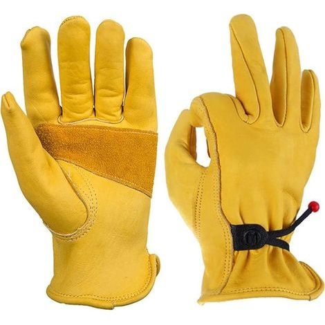 Gants de jardinage sécurité avec revêtement travail Jardin Grip travail enduits nitrile en cuir pour hommes de avec boucle et ruban adhésif de poignet, 1 paire en fibre de peau de vache-Jaune,M (1/5)