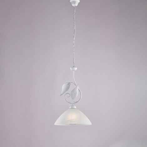 Lampadario in ferro laccato bianco con decorazione argento antico e diffusore in vetro diametro 30 alabastro bianco 1 luce H.50 - MAX 110 - Ø30