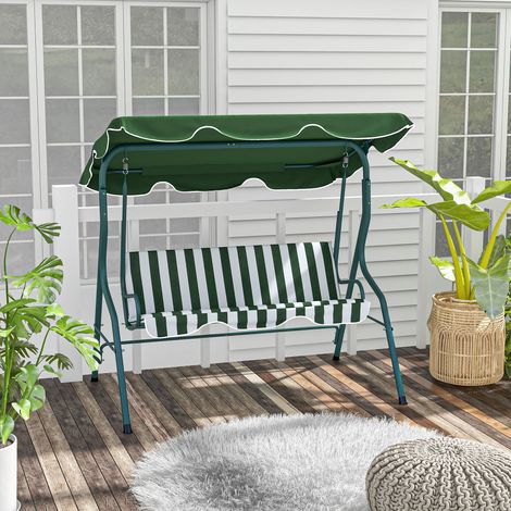 Balancelle trois places avec auvent réglable et coussins. En acier et polyester. 170 x 110 x 153 cm. Vert et blanc.