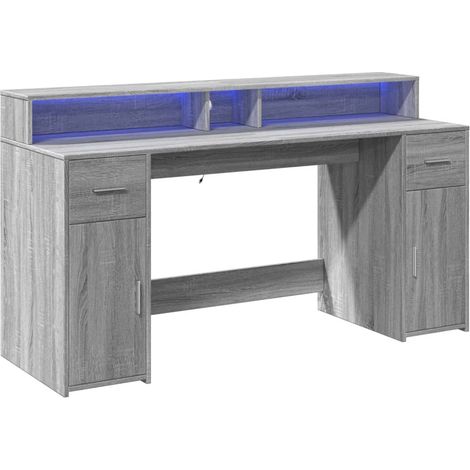 Bureau table poste de travail meuble d'ordinateur informatique étude et lumières LED sonoma 160 x 55 x 91 cm bois ingénierie gris