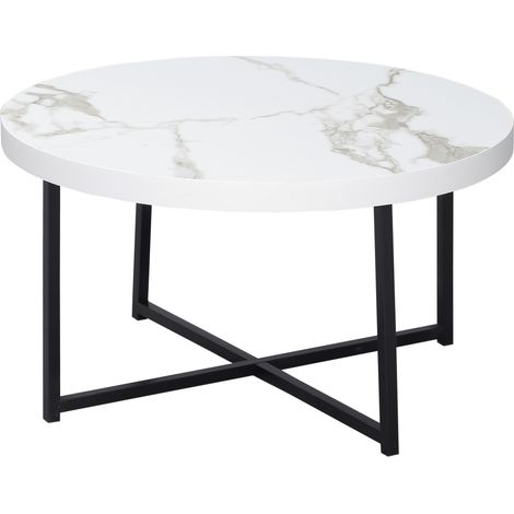Table basse ronde avec plateau imitation marbre et piètement métal 80x80x45 cm blanc (1/5)