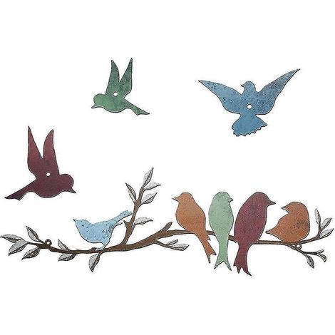 Metallene Wanddekoration mit Vögeln auf einem Ast, umgeben von Blättern und anderen Vögeln. Metallskulptur in Form einer Vogelsilhouette.