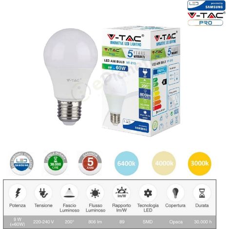 V-TAC PRO VT-210 LAMPADINA LED E27 9W BULB A60 CHIP SAMSUNG 806 lm  Bianco Naturale (1/4)