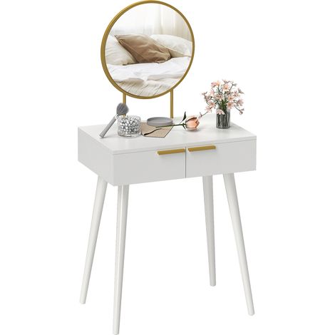 Stylish White Dressing Table with Round Mirror-60x40x123cm for Modern Bedrooms