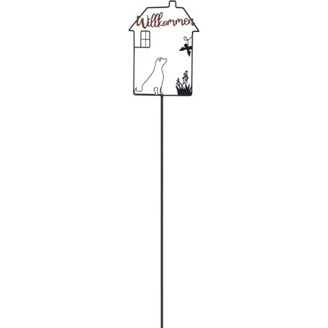 TrendLine Gartenstecker Haus Willkommen Hund Metall 115 x 18 cm schwarz Gartenstecker