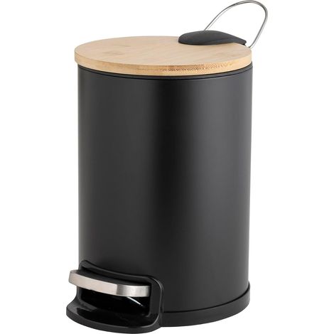 Poubelle de Salle de Bain (3 l) Mobelle Noir, Métal Uni et Bambou (1/5)
