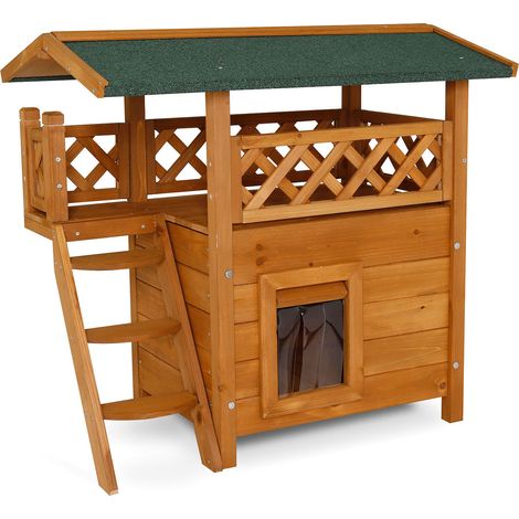 lionto Katzenhaus, Outdoor-Holzhaus mit überdachter Veranda & Windschutz-Lamellen, wetterfest & robust, natur/braun