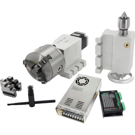 Eje rotatorio CNC, engranaje reductor 50:1, motor Nema23, mordaza de 3 garras K11-100mm, controlador y fuente de alimentación. (1/2)