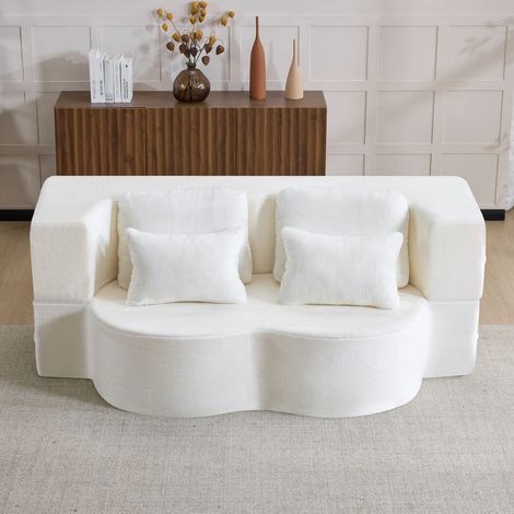 Canapé de sol modulable blanc avec 4 coussins, matelas en mousse haute densité, 198 cm (1/5)