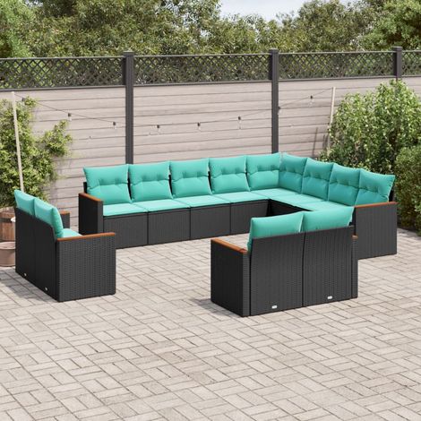 Salon de jardin modulable 12 pièces en résine tressée noir avec coussins bleus, 99kg - PANGIVO (1/5)