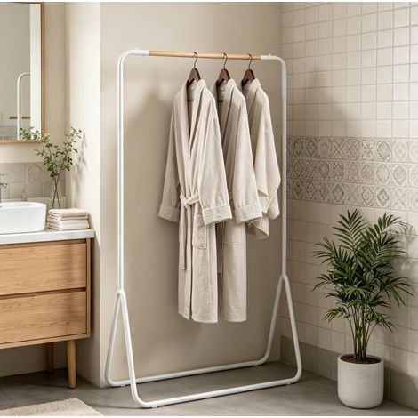 Perchero de pie multifuncional (80x45x145 cm), para entrada y dormitorio, metal blanco (1/5)