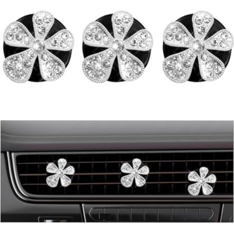 Ohleats Lot de 3 clips pour grille d'aération de voiture, en forme de fleur mignonne, strass scintillants pour climatisation de véhicule, pour femmes et filles, accessoires de voiture universels (1/5)
