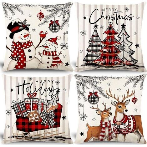 Lot de 4 Housse de Coussins Noël - Rouge et Blanc - Dessins de Bonhomme de Neige, Sapin, Renne et Boule de Noël - Décorations Festives pour Canapé, Salon, Chambre (45 x 45 cm) (1/5)