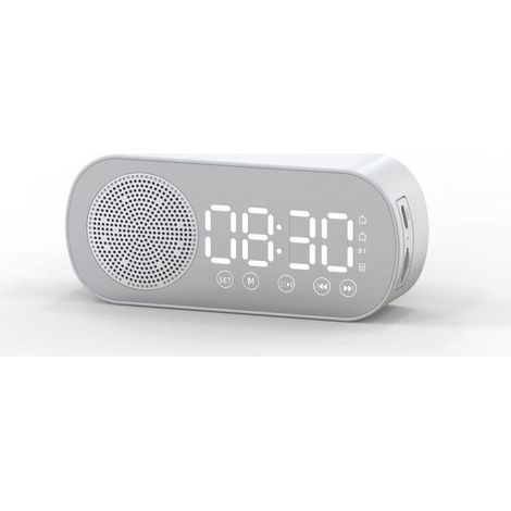 Radio et enceinte pour salle de bainRéveil numérique sans fil à LED, haut-parleur compatible Bluetooth, Radio FM, grand écran, batterie, chambre à coucher, salon, bureau(Blanc) (1/4)