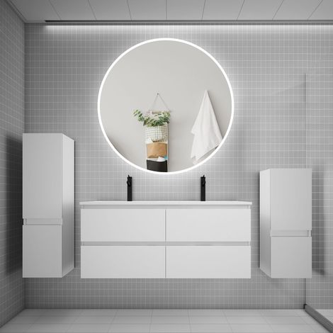Ensemble meuble double vasque L.120cm 4 tiroirs + lavabo + LED miroir rond 120cm + 2colonne,blanc