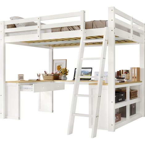 Lit mezzanine enfant 140x200 cm avec grand bureau en U, 2 tiroirs et étagère de rangement - Sommiers renforcés inclus - blanc et naturel (1/5)