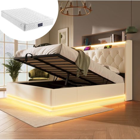 Bett Doppelbett 160x200 Stauraum LED PU Weiß OKMYHOME (1/5)
