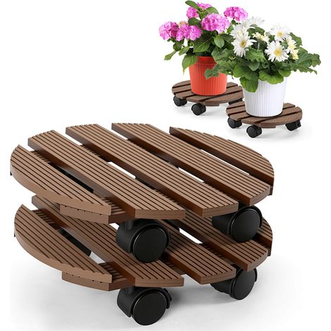 Randaco 4X WPC Pflanzenroller 30cm, Blumenroller Tragkraft 80 KG, Rolluntersetzer mit Rollen, Kübelroller für Pflanzen, Blumentopf(Rund, Braun)