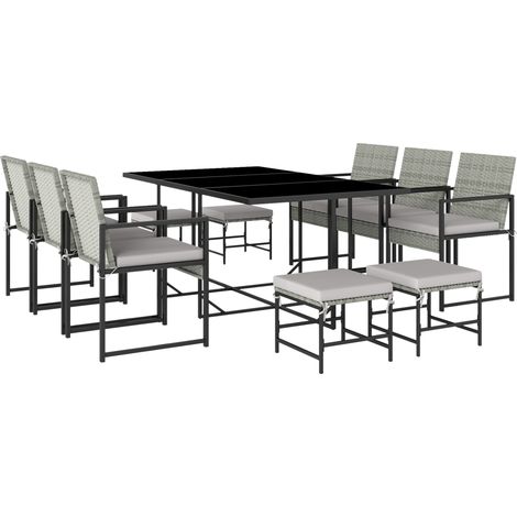 Set 11 Pezzi da Pranzo da Esterno con Tavolo 6 Poltrone e 4 Pouf in Rattan PE Vetro e Acciaio Grigio (1/5)